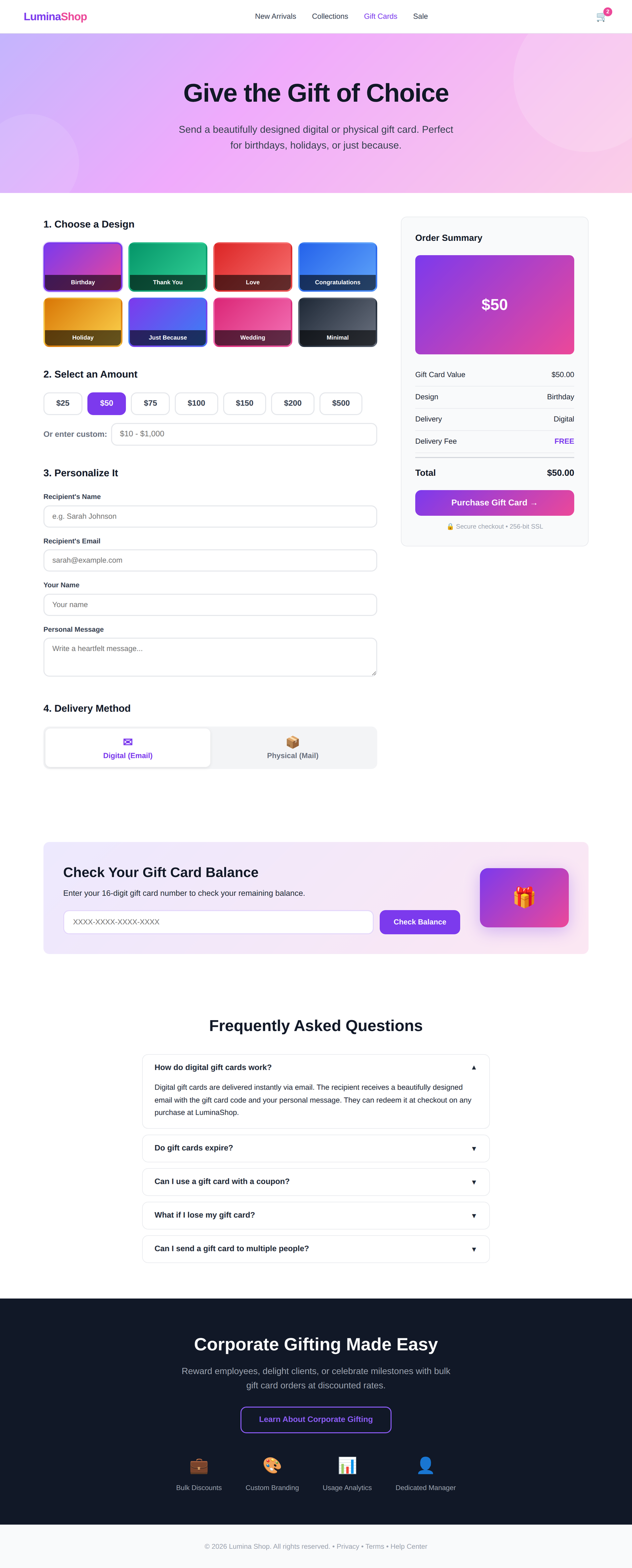 gift card purchase page generated by Claude