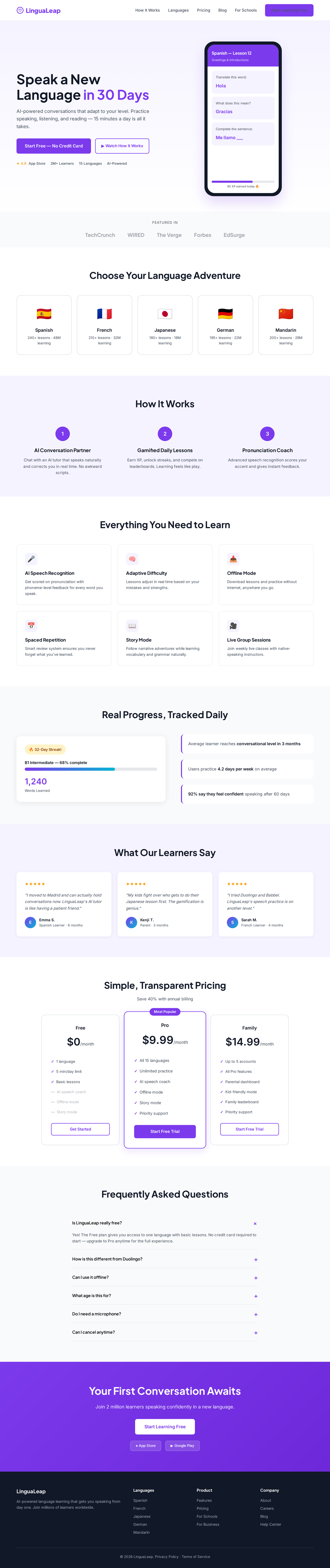 language learning app landing generated by Claude