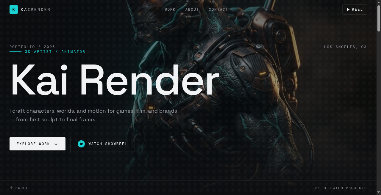 Dark 3D artist portfolio homepage with a full-screen character render and Explore Work button