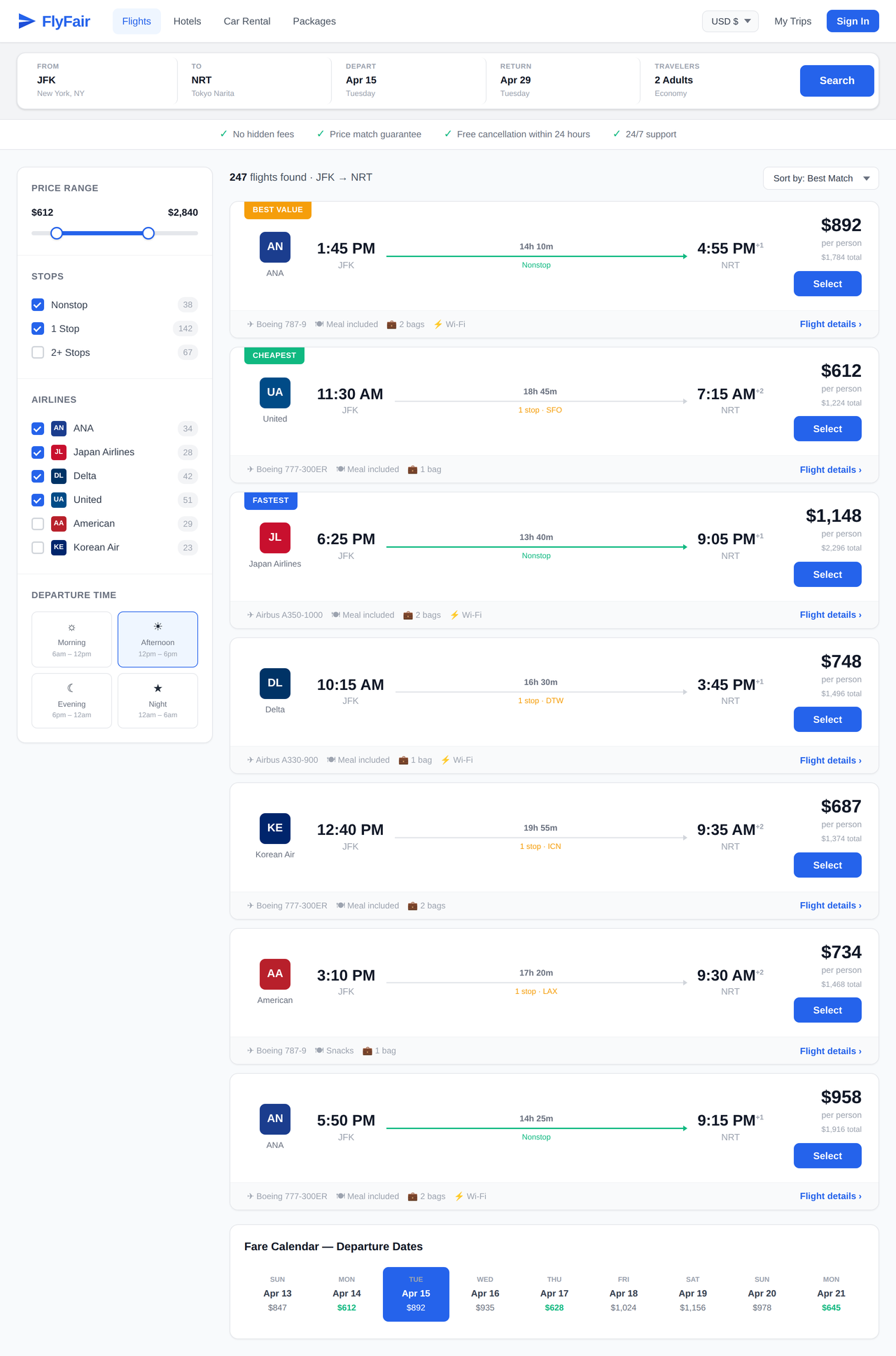 flight booking search results page generated by Claude